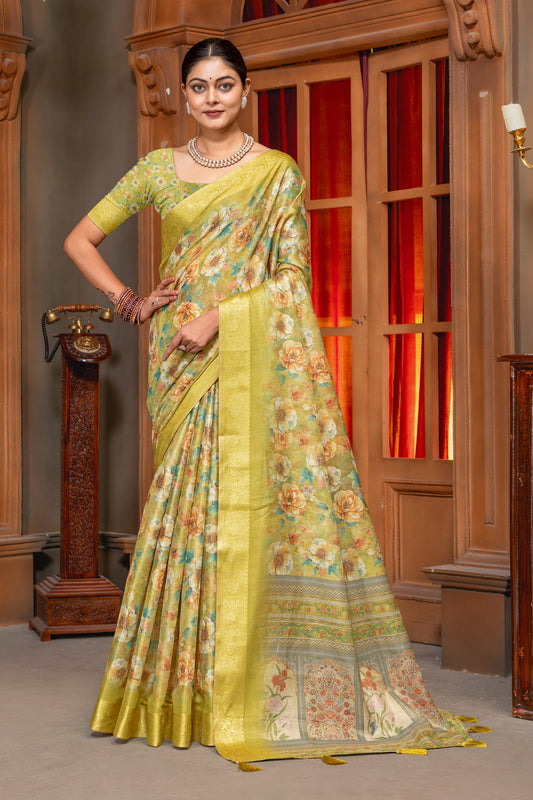 Premium Cotton Silk Saree with Vintage Yellow Floral Digital Print & Jacquard Border