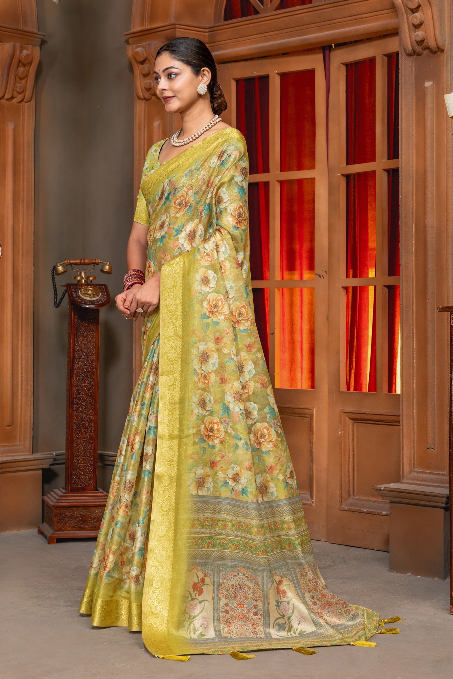 Premium Cotton Silk Saree with Vintage Yellow Floral Digital Print & Jacquard Border