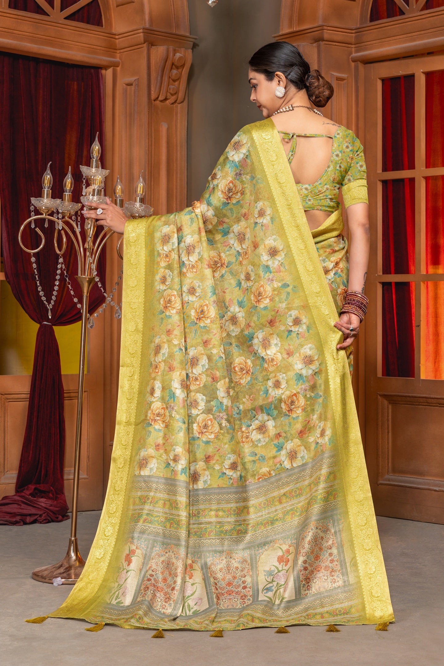 Premium Cotton Silk Saree with Vintage Yellow Floral Digital Print & Jacquard Border