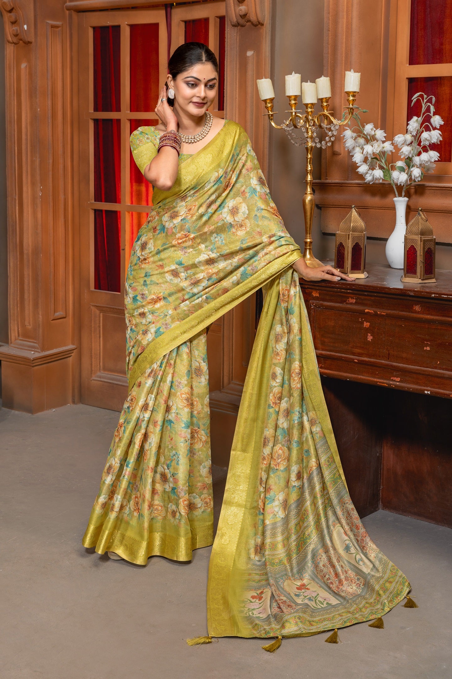 Premium Cotton Silk Saree with Vintage Yellow Floral Digital Print & Jacquard Border