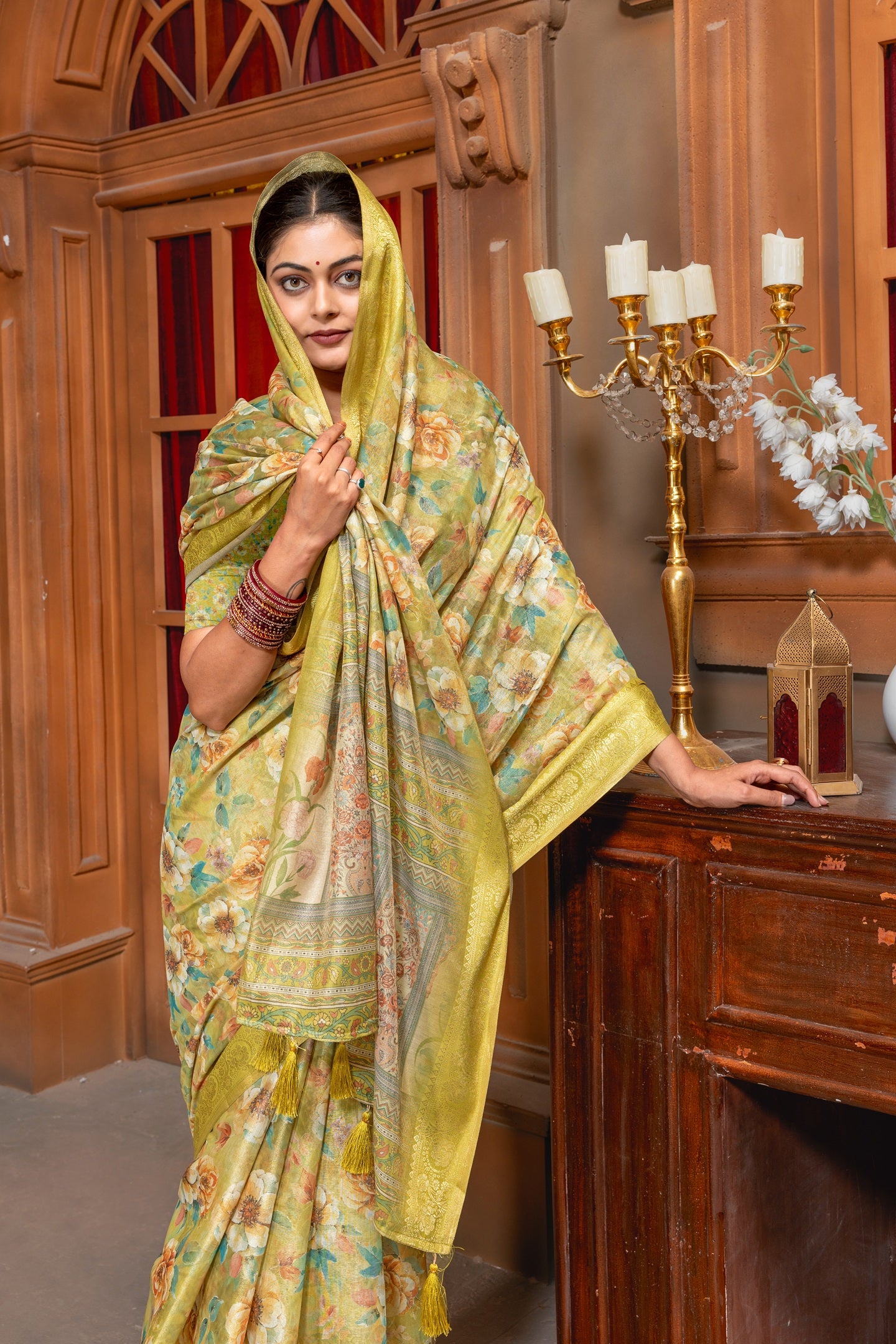 Premium Cotton Silk Saree with Vintage Yellow Floral Digital Print & Jacquard Border