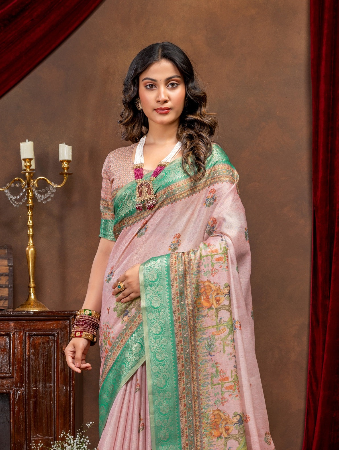 Premium Cotton Silk Saree with Pink Rajgharana Heritage Digital Print & Jacquard Border
