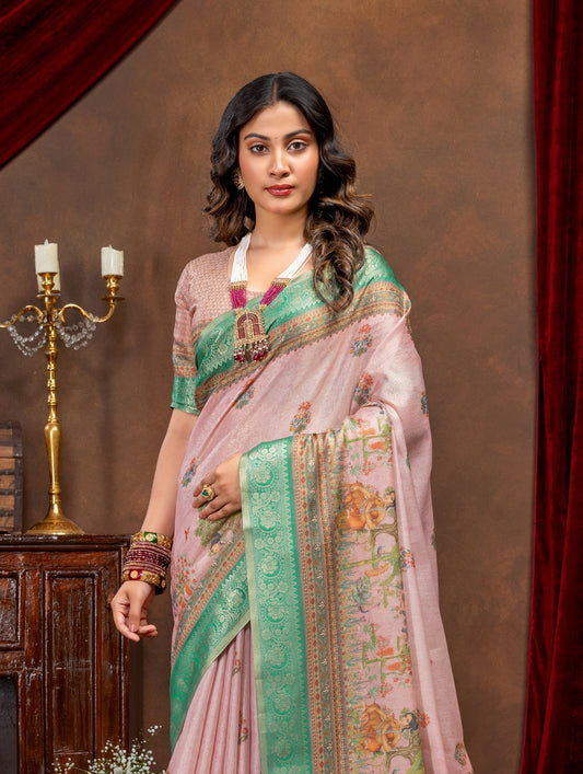Premium Cotton Silk Saree with Pink Rajgharana Heritage Digital Print & Jacquard Border