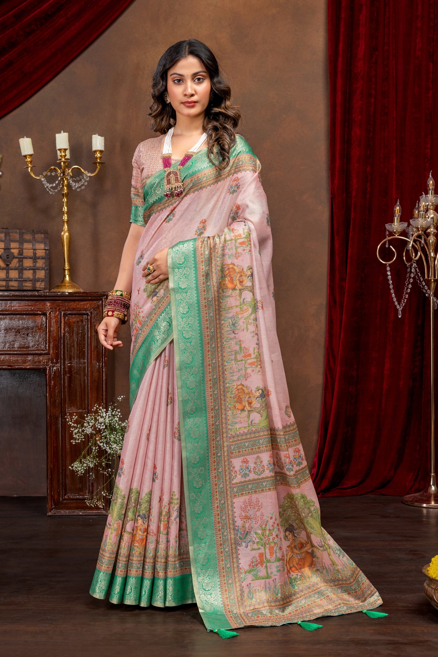 Premium Cotton Silk Saree with Pink Rajgharana Heritage Digital Print & Jacquard Border