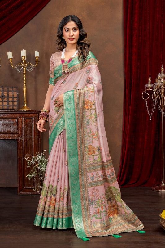 Premium Cotton Silk Saree with Pink Rajgharana Heritage Digital Print & Jacquard Border