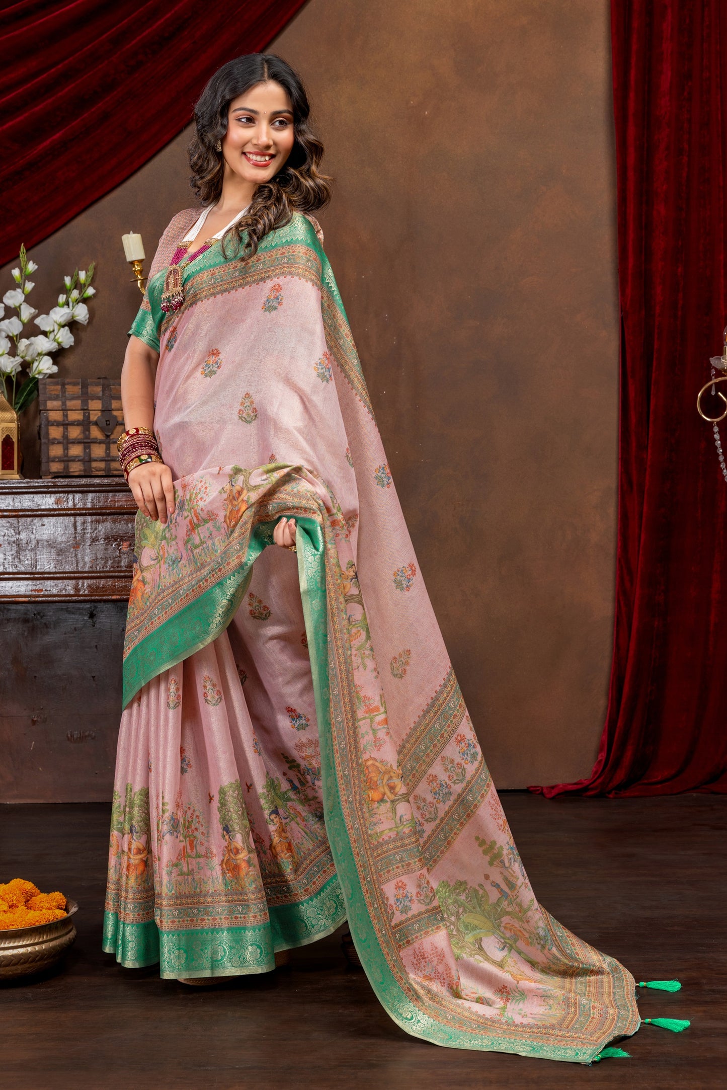 Premium Cotton Silk Saree with Pink Rajgharana Heritage Digital Print & Jacquard Border