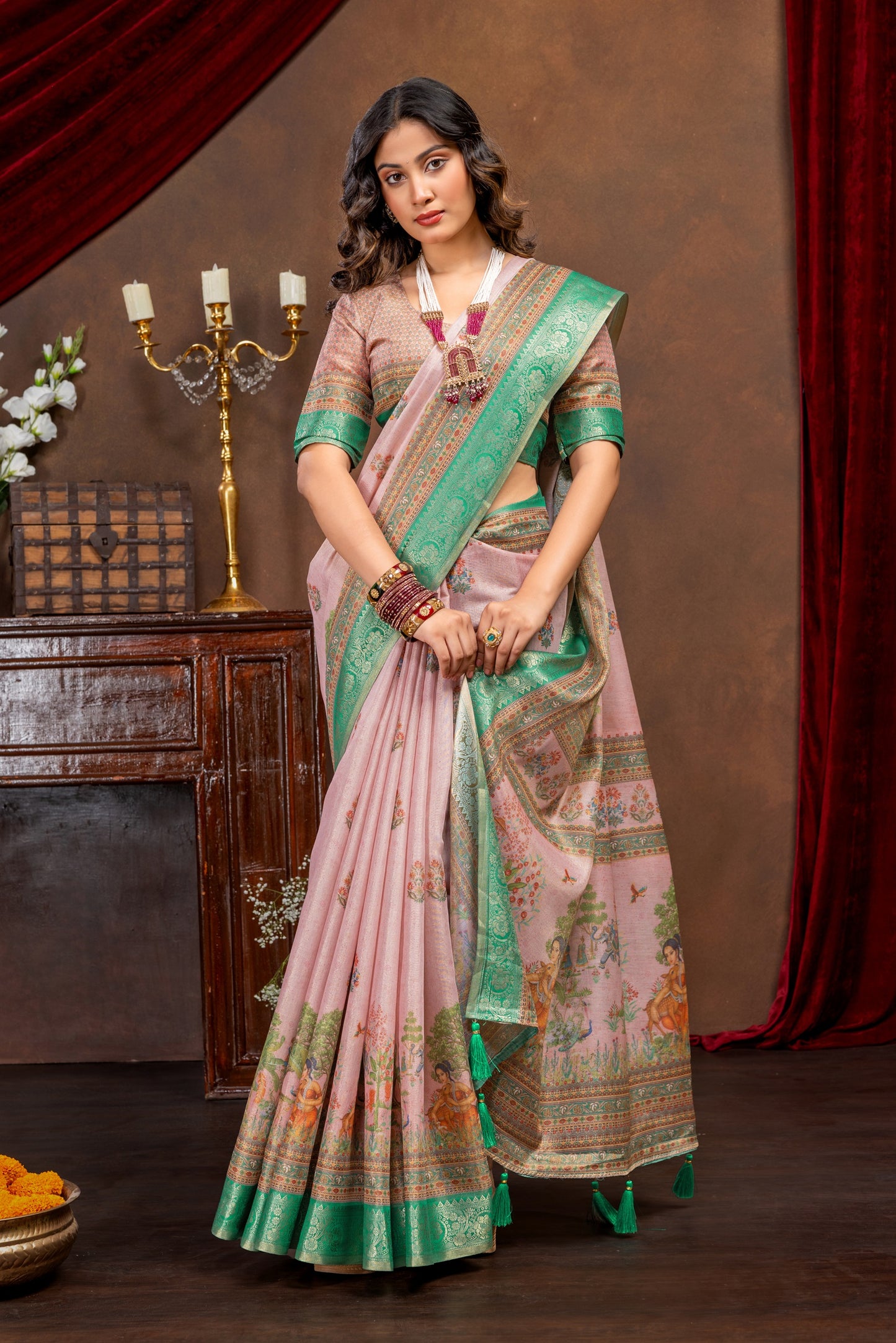 Premium Cotton Silk Saree with Pink Rajgharana Heritage Digital Print & Jacquard Border