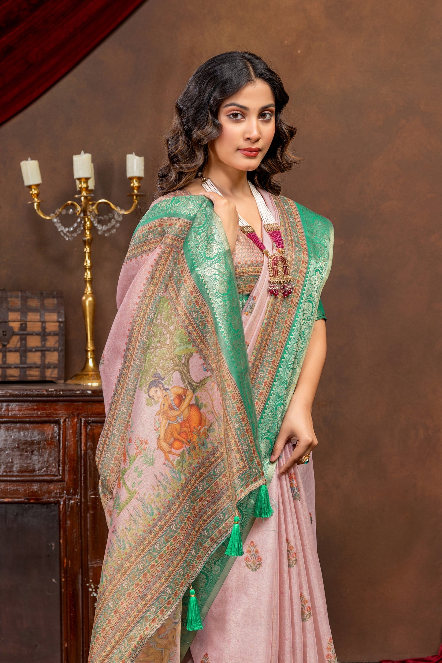 Premium Cotton Silk Saree with Pink Rajgharana Heritage Digital Print & Jacquard Border
