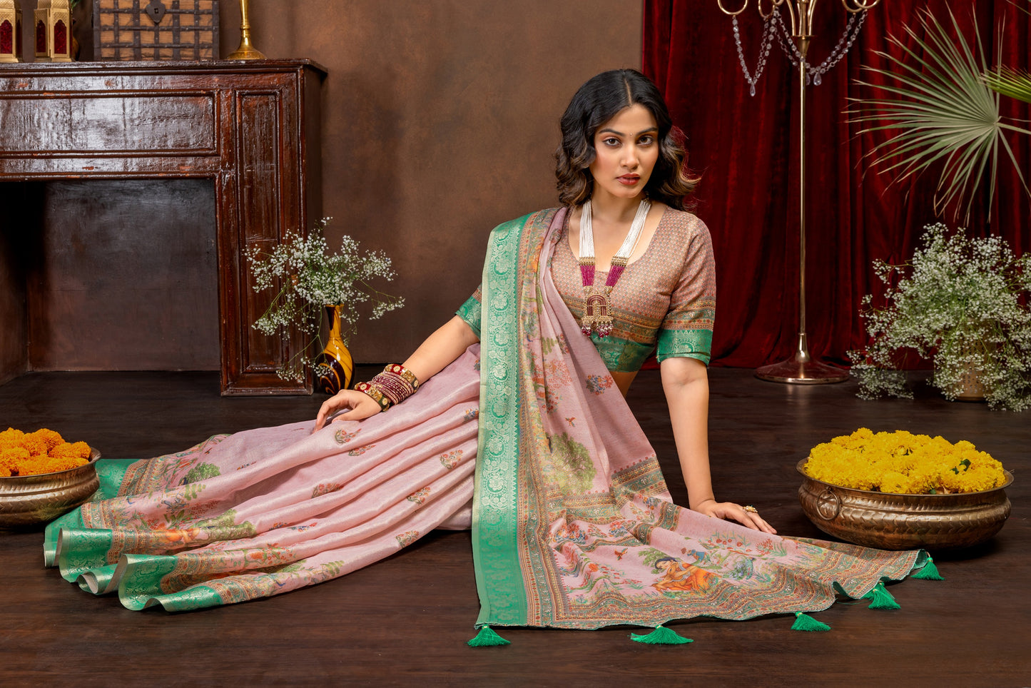 Premium Cotton Silk Saree with Pink Rajgharana Heritage Digital Print & Jacquard Border