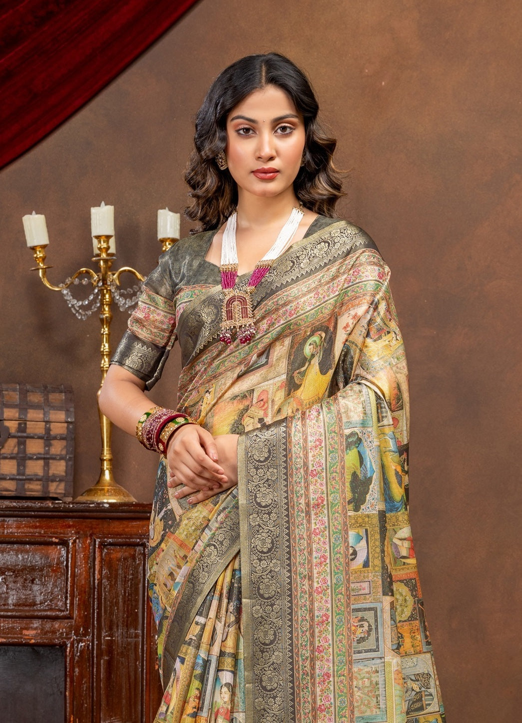 Premium Kanjivaram Silk Saree with Black Rajgharana Heritage Panel Digital Print & Jacquard Border