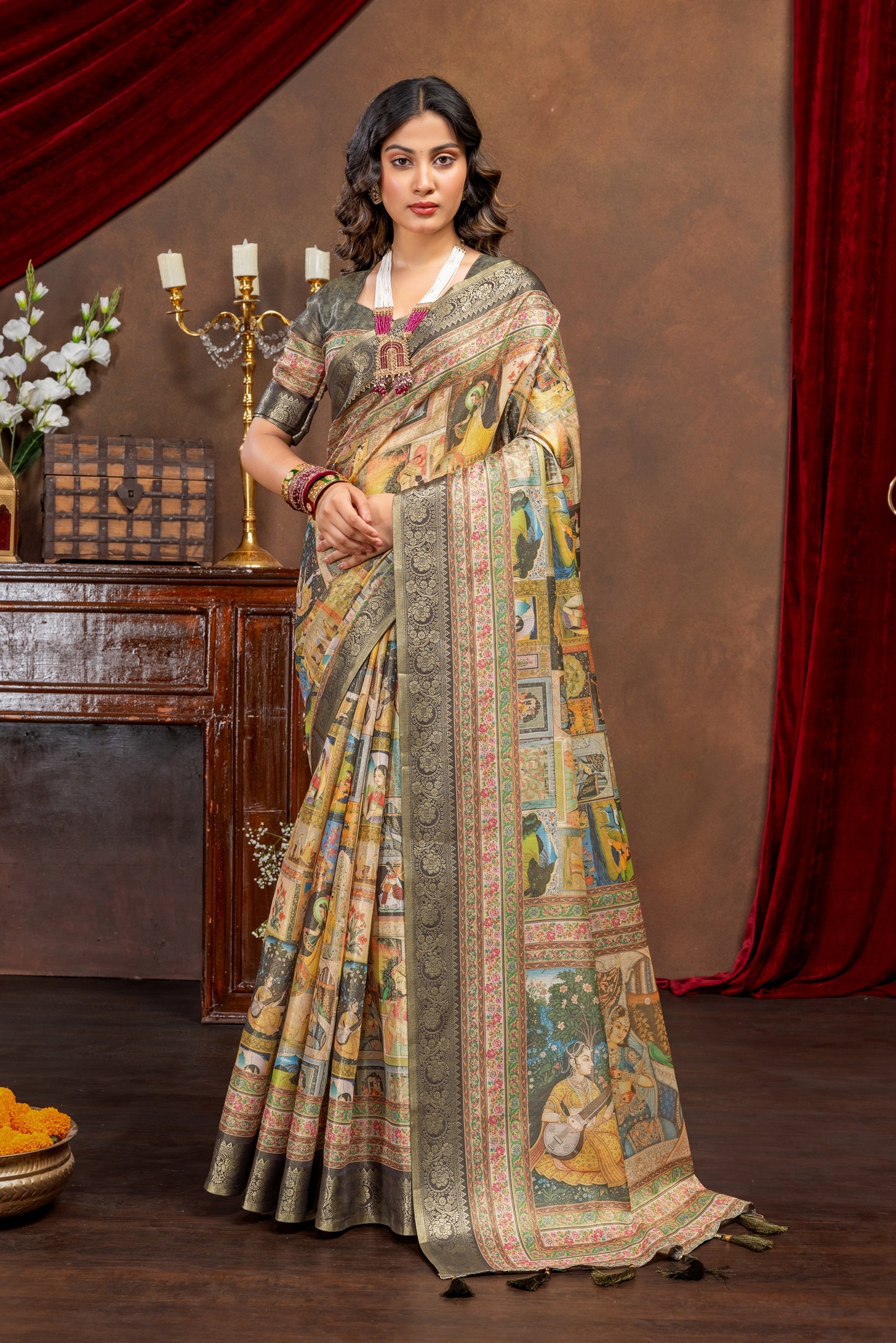 Premium Kanjivaram Silk Saree with Black Rajgharana Heritage Panel Digital Print & Jacquard Border