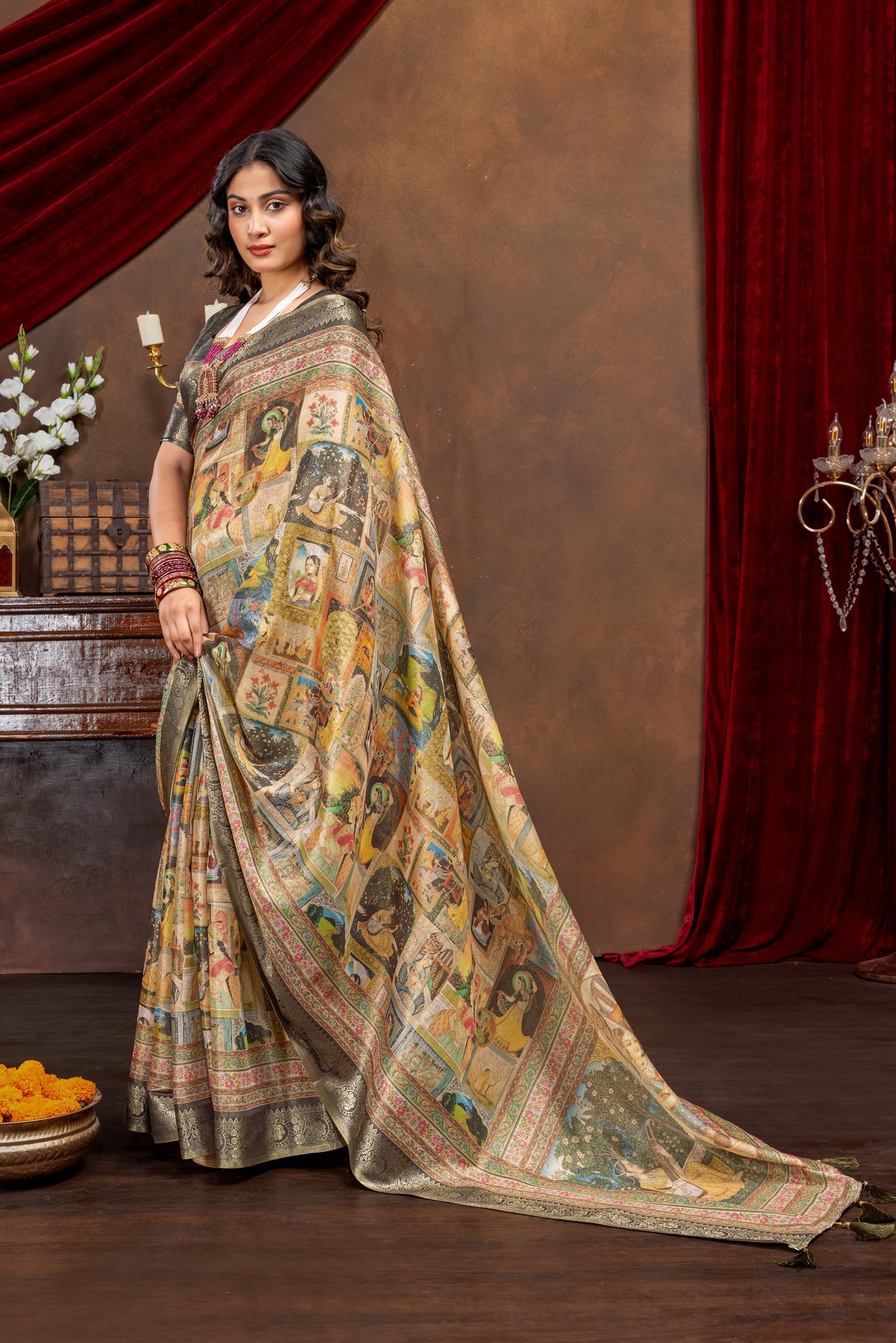 Premium Kanjivaram Silk Saree with Black Rajgharana Heritage Panel Digital Print & Jacquard Border