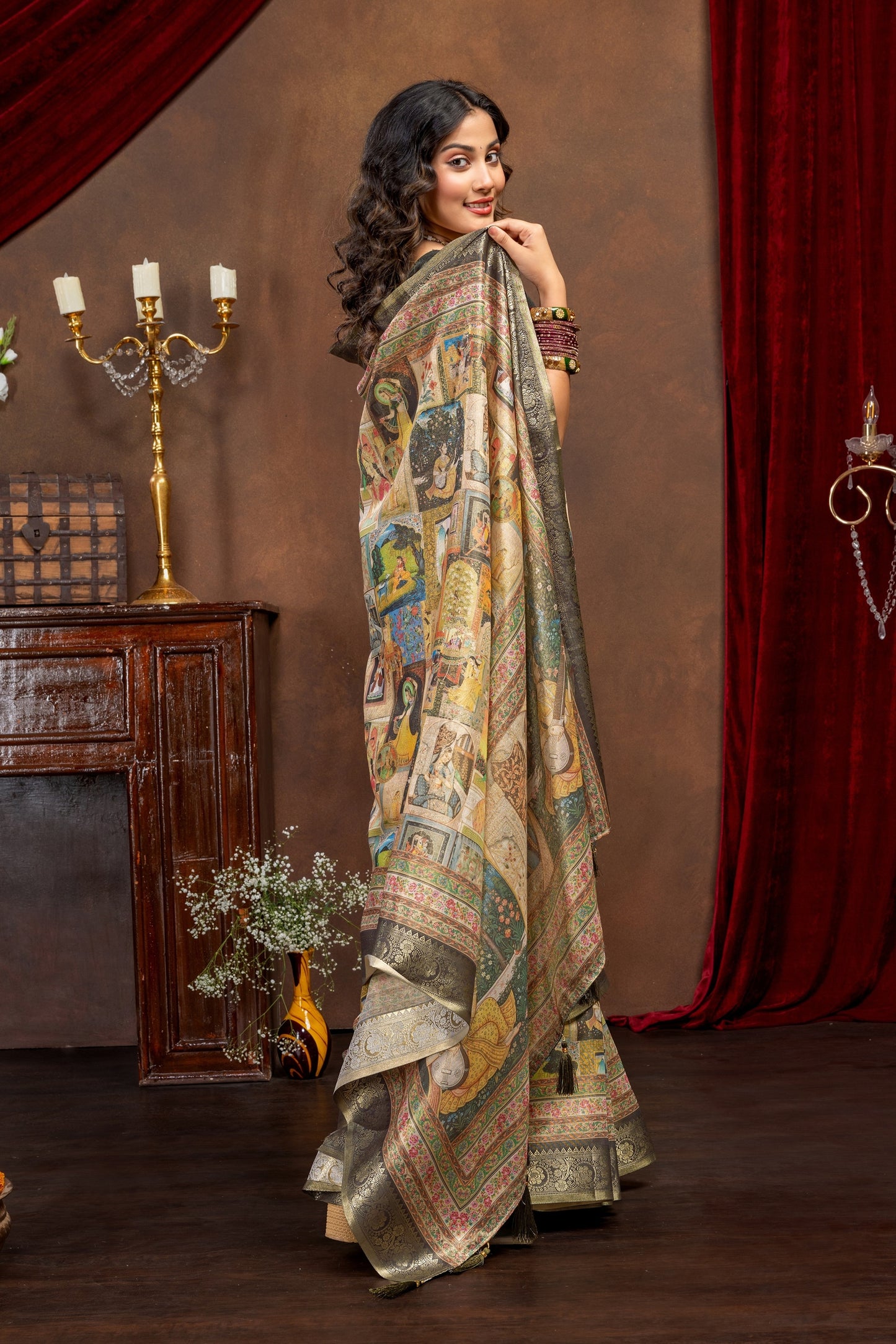 Premium Kanjivaram Silk Saree with Black Rajgharana Heritage Panel Digital Print & Jacquard Border