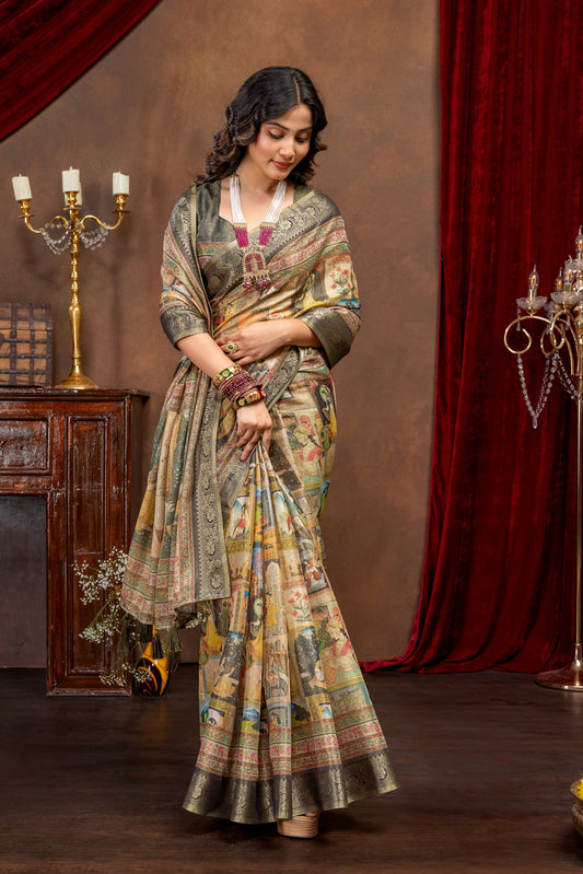 Premium Kanjivaram Silk Saree with Black Rajgharana Heritage Panel Digital Print & Jacquard Border