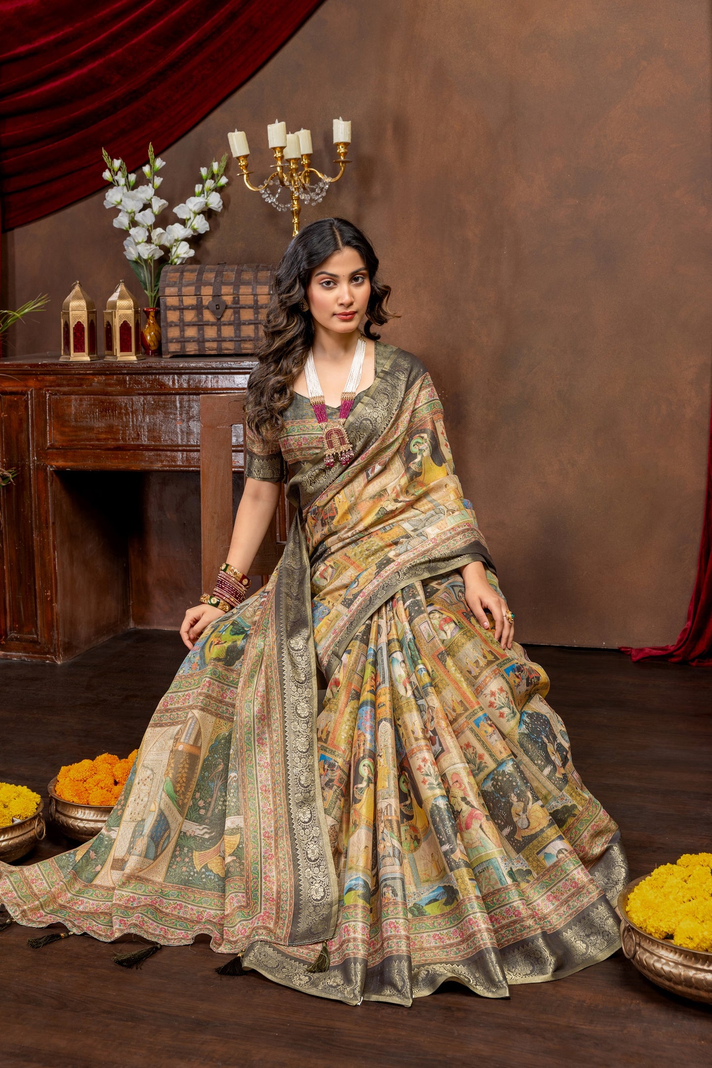 Premium Kanjivaram Silk Saree with Black Rajgharana Heritage Panel Digital Print & Jacquard Border