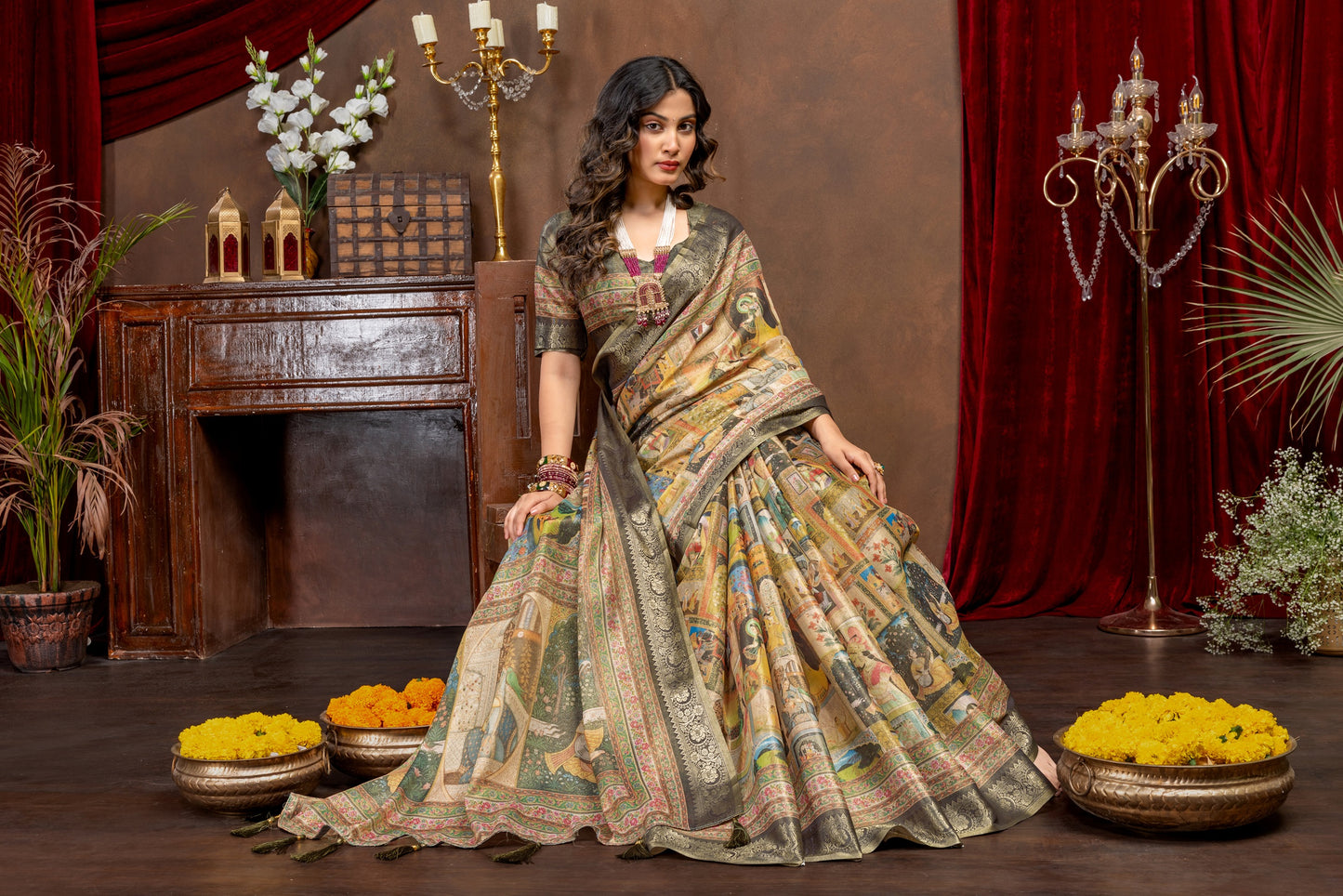 Premium Kanjivaram Silk Saree with Black Rajgharana Heritage Panel Digital Print & Jacquard Border