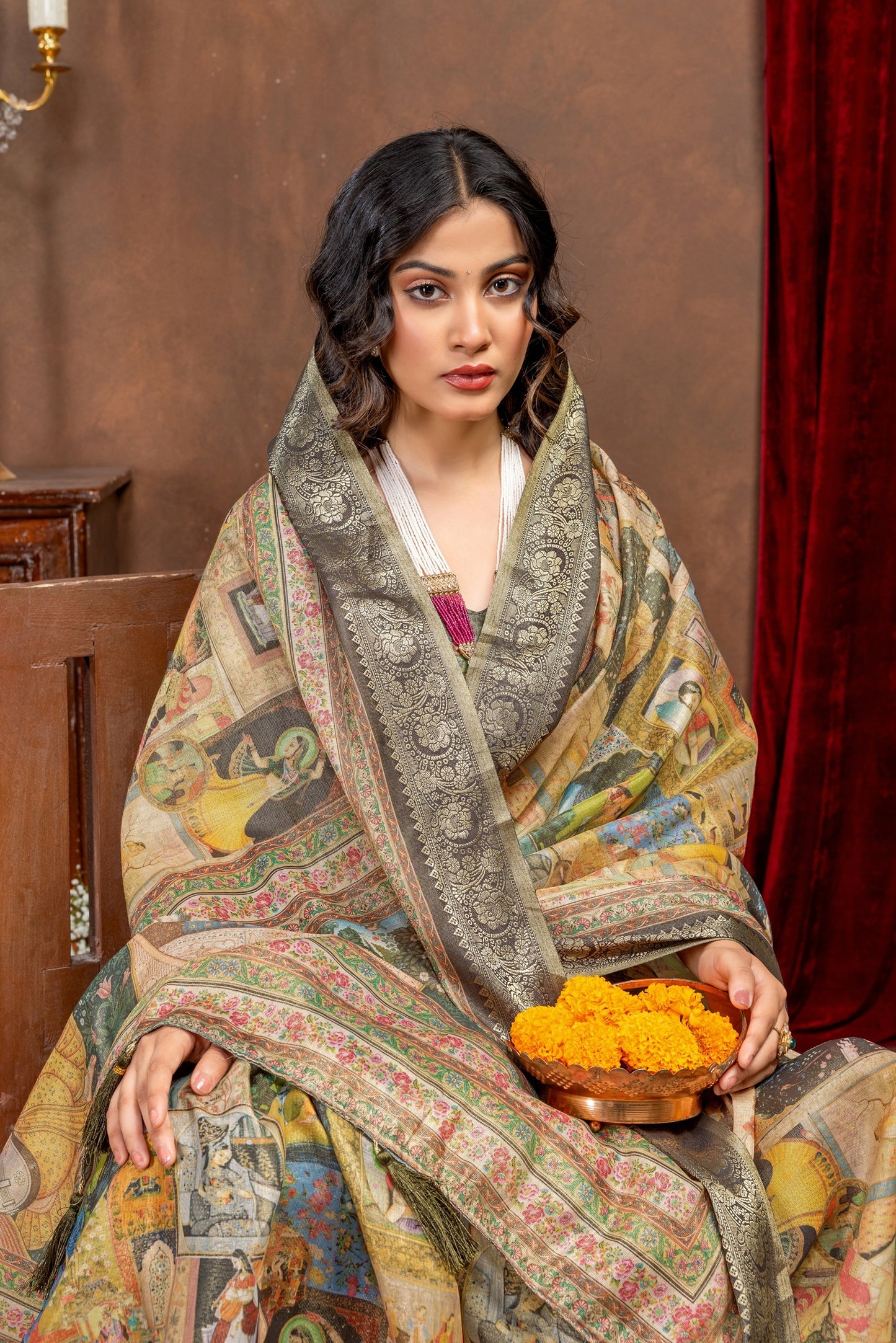 Premium Kanjivaram Silk Saree with Black Rajgharana Heritage Panel Digital Print & Jacquard Border
