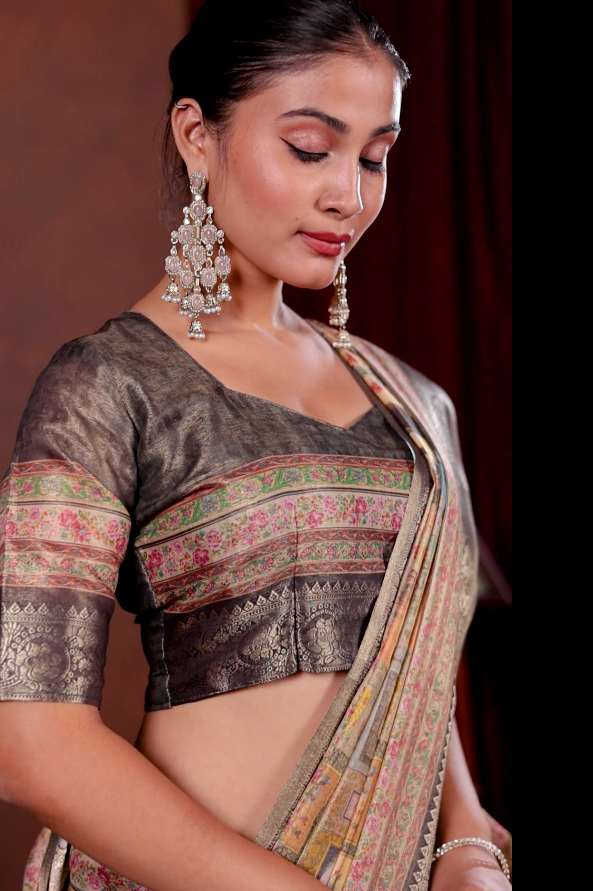Premium Kanjivaram Silk Saree with Black Rajgharana Heritage Panel Digital Print & Jacquard Border