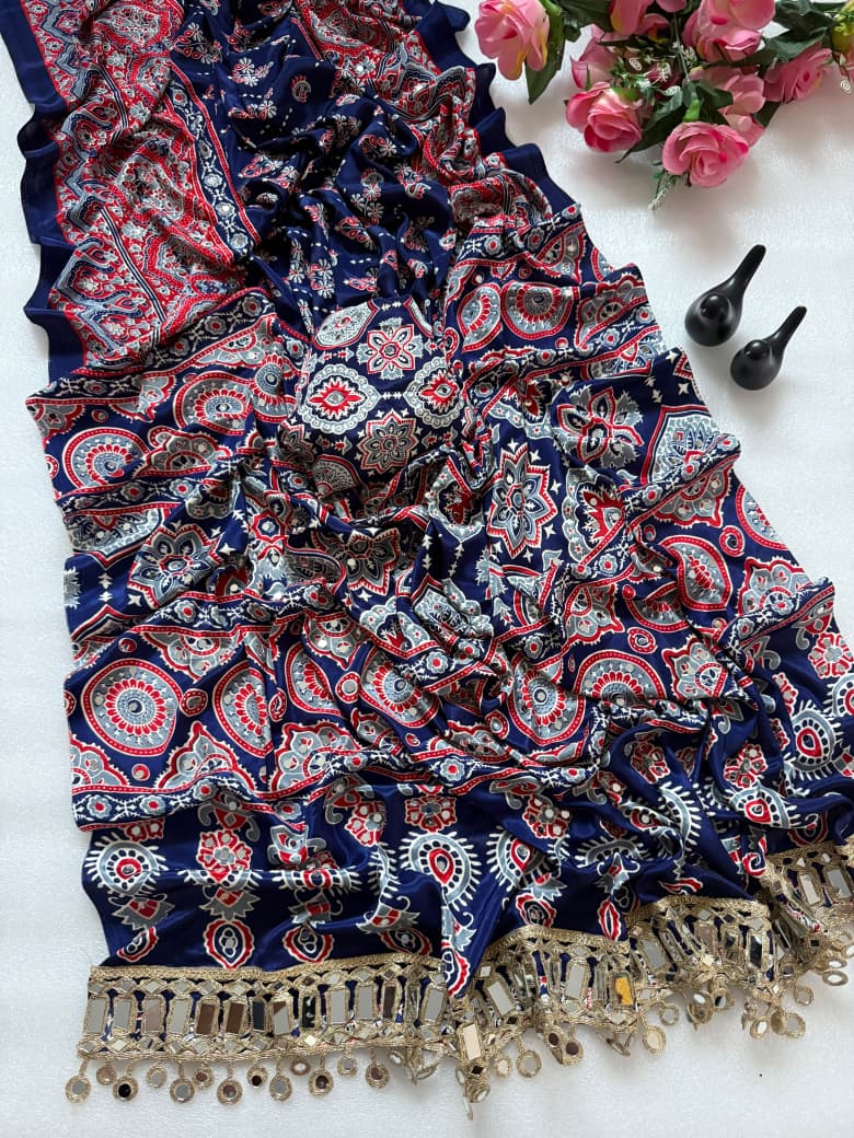 Pure Ajrakh Satin Silk Saree with Heavy Mirror Work