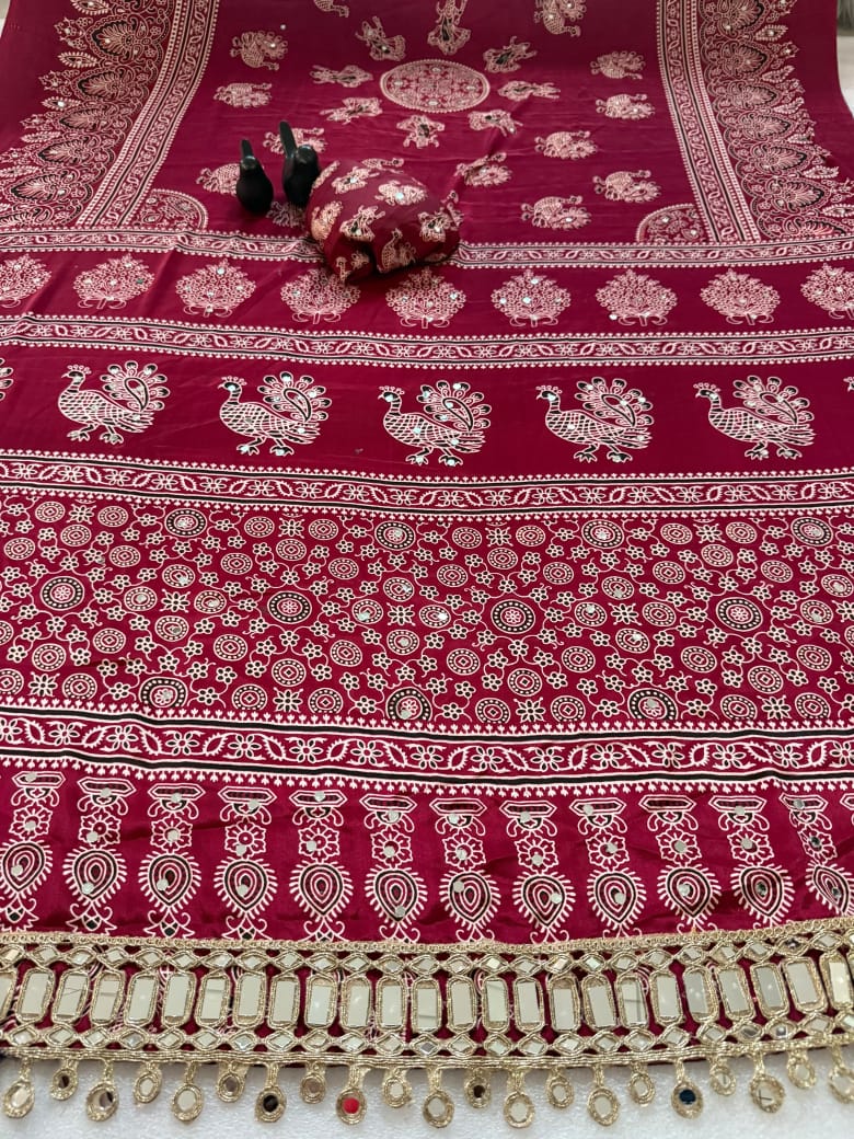 Pure Ajrakh Satin Silk Saree with Heavy Mirror Work
