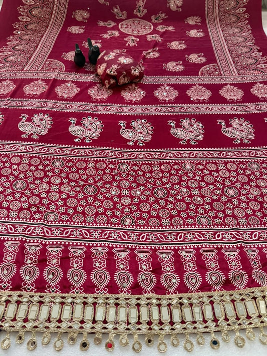 Pure Ajrakh Satin Silk Saree with Heavy Mirror Work