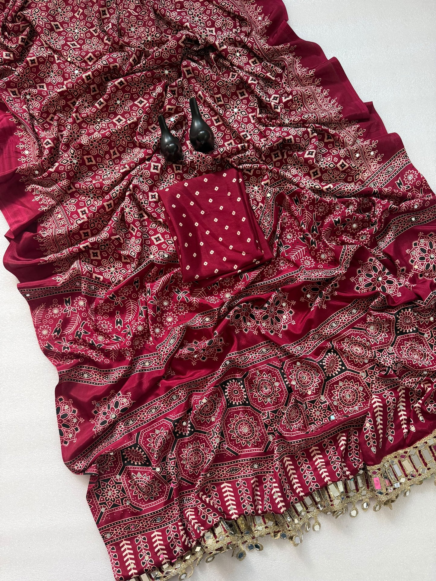 Pure Ajrakh Satin Silk Saree with Heavy Mirror Work