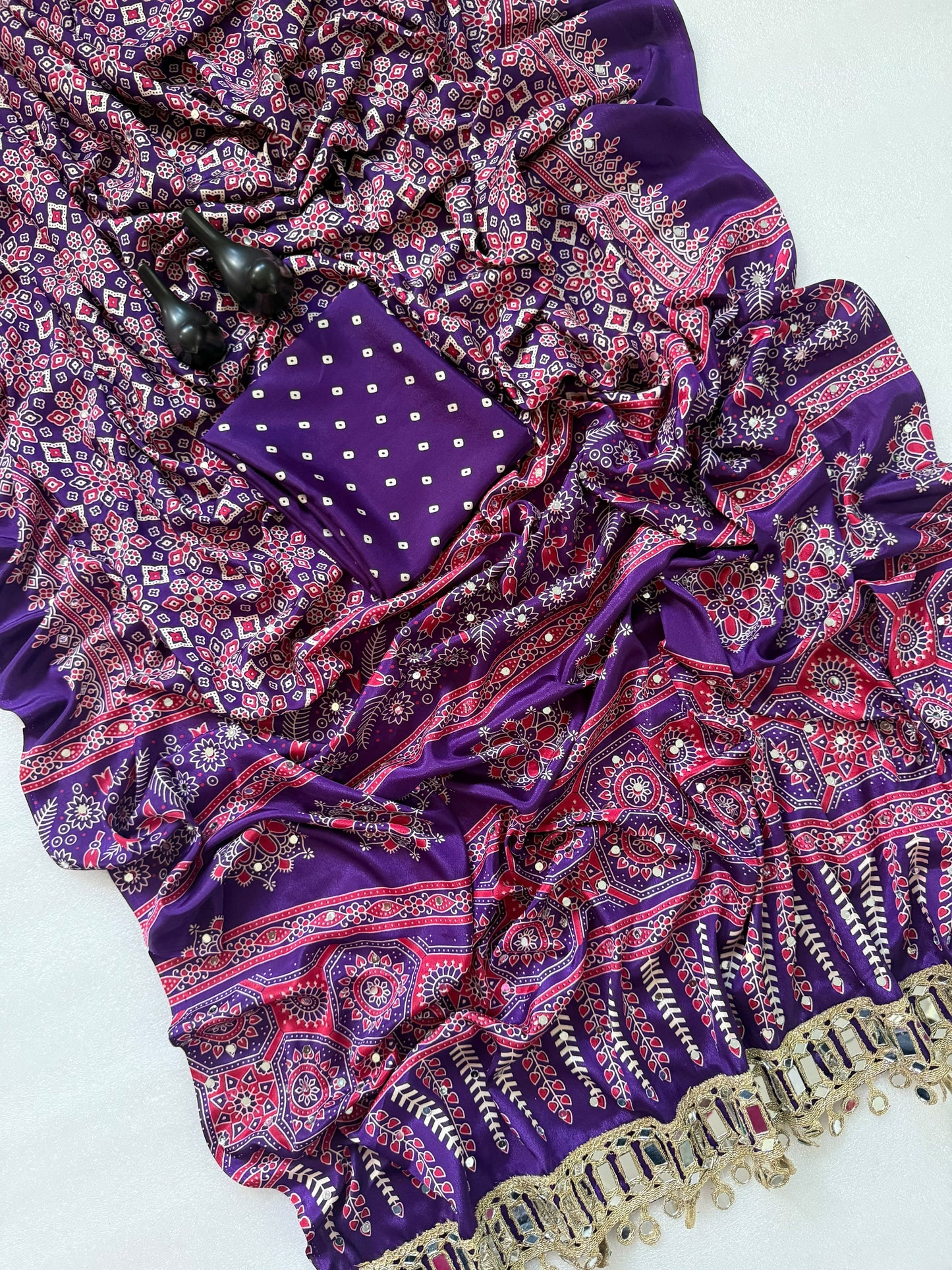 Pure Ajrakh Satin Silk Saree with Heavy Mirror Work