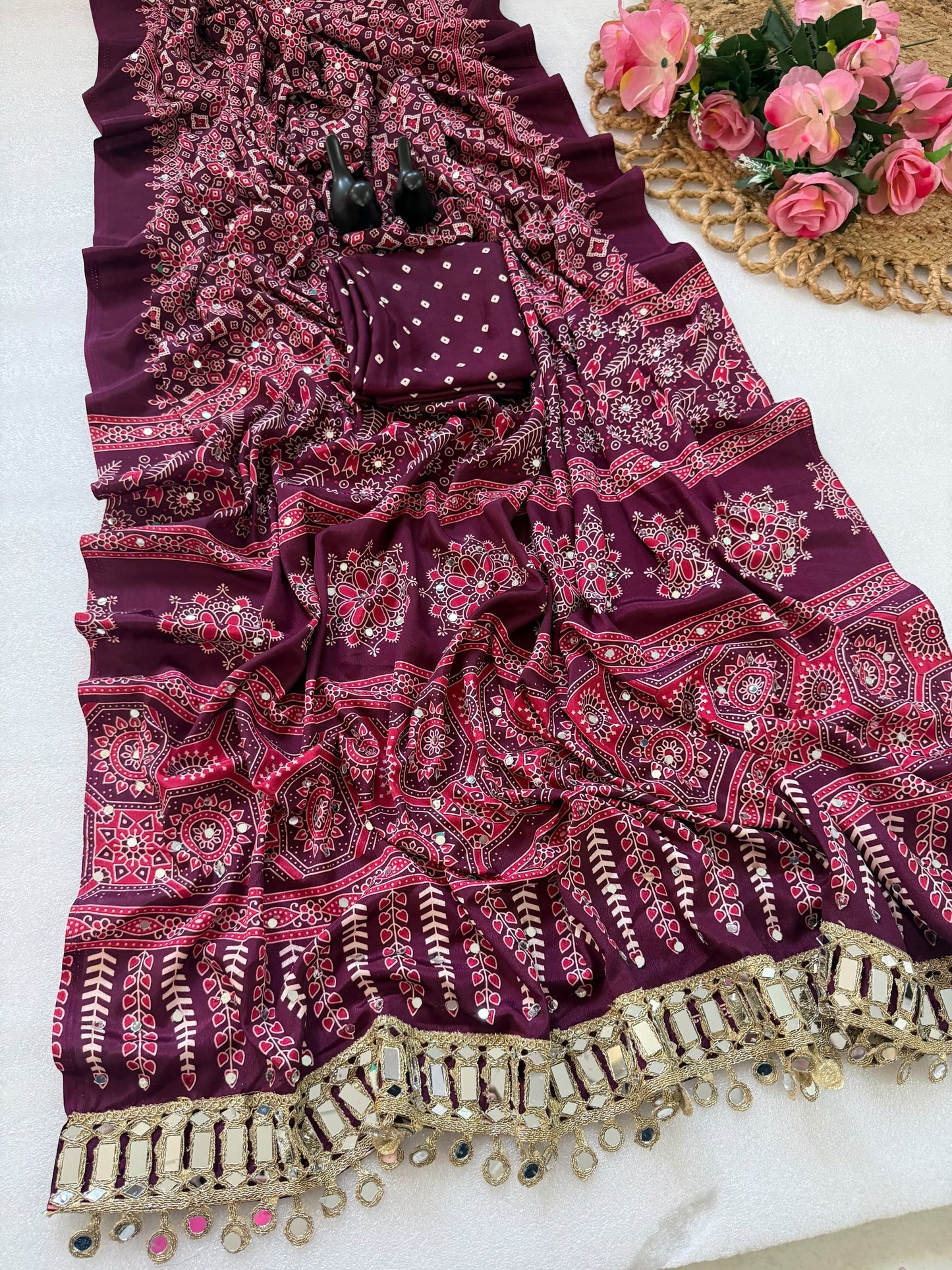 Pure Ajrakh Satin Silk Saree with Heavy Mirror Work
