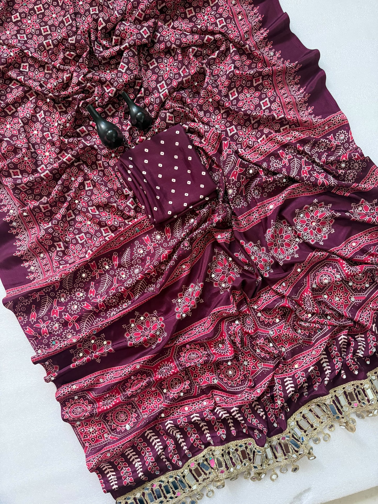 Pure Ajrakh Satin Silk Saree with Heavy Mirror Work