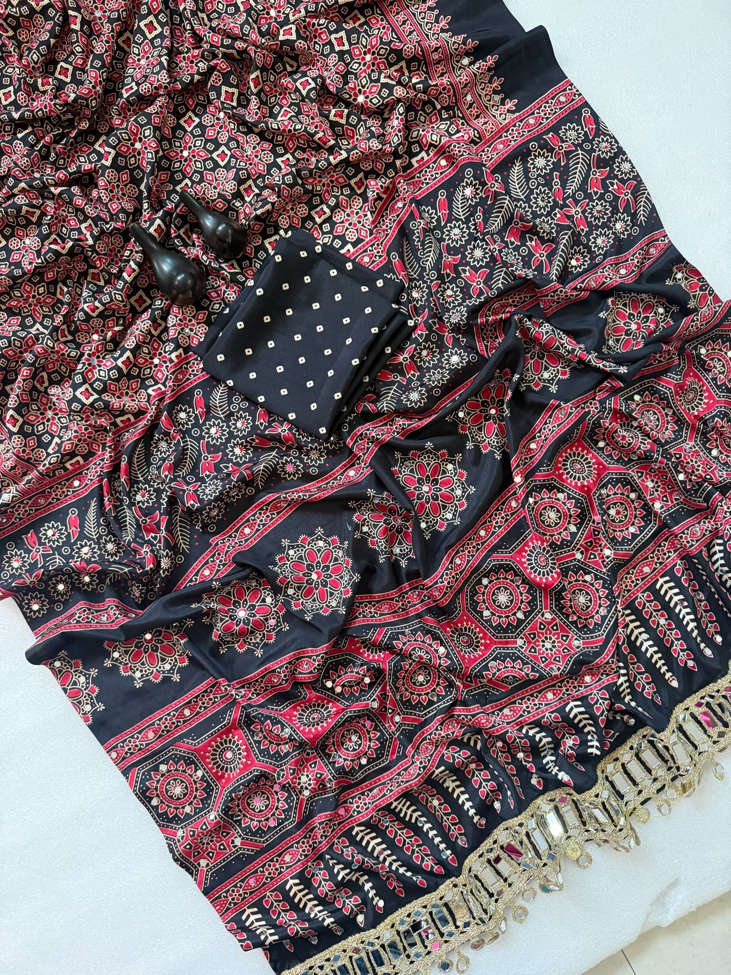 Pure Ajrakh Satin Silk Saree with Heavy Mirror Work
