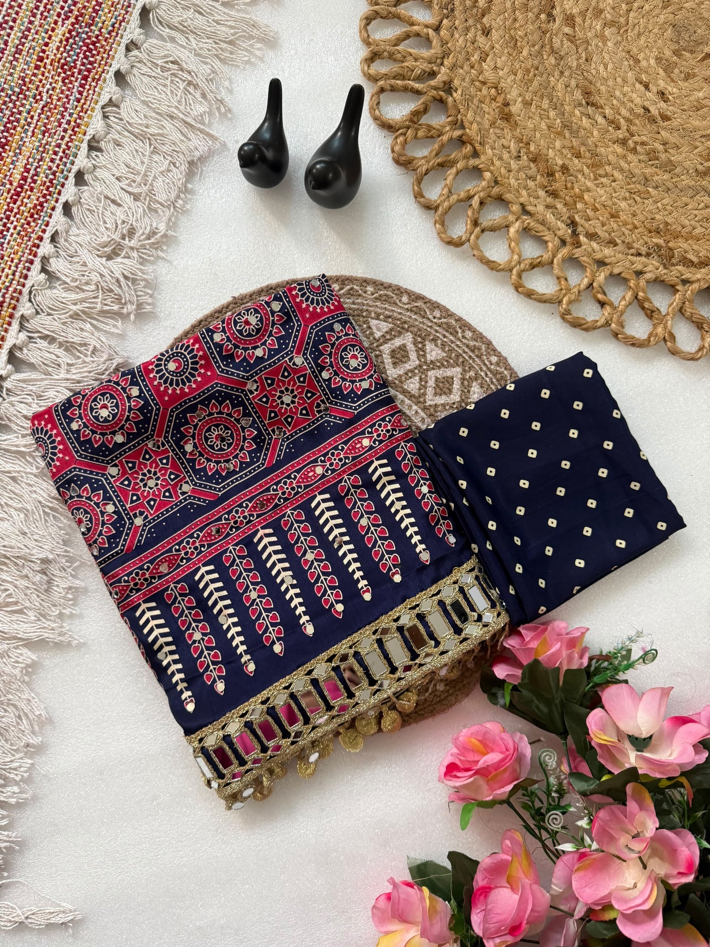 Pure Ajrakh Satin Silk Saree with Heavy Mirror Work