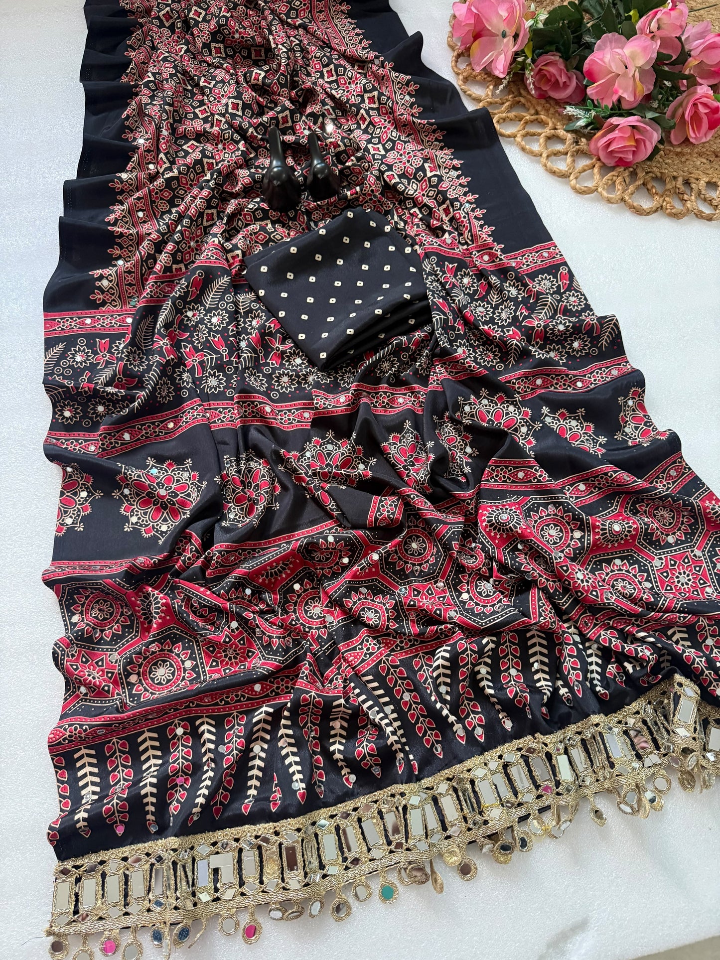 Pure Ajrakh Satin Silk Saree with Heavy Mirror Work