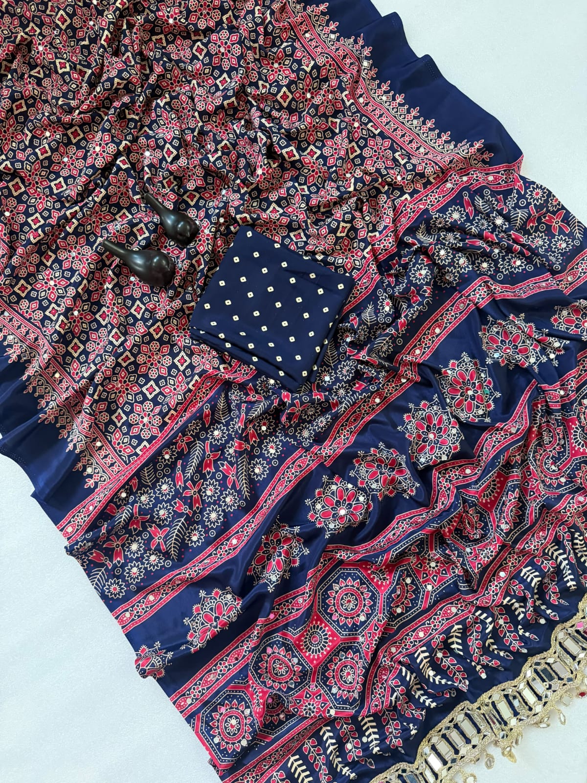 Pure Ajrakh Satin Silk Saree with Heavy Mirror Work