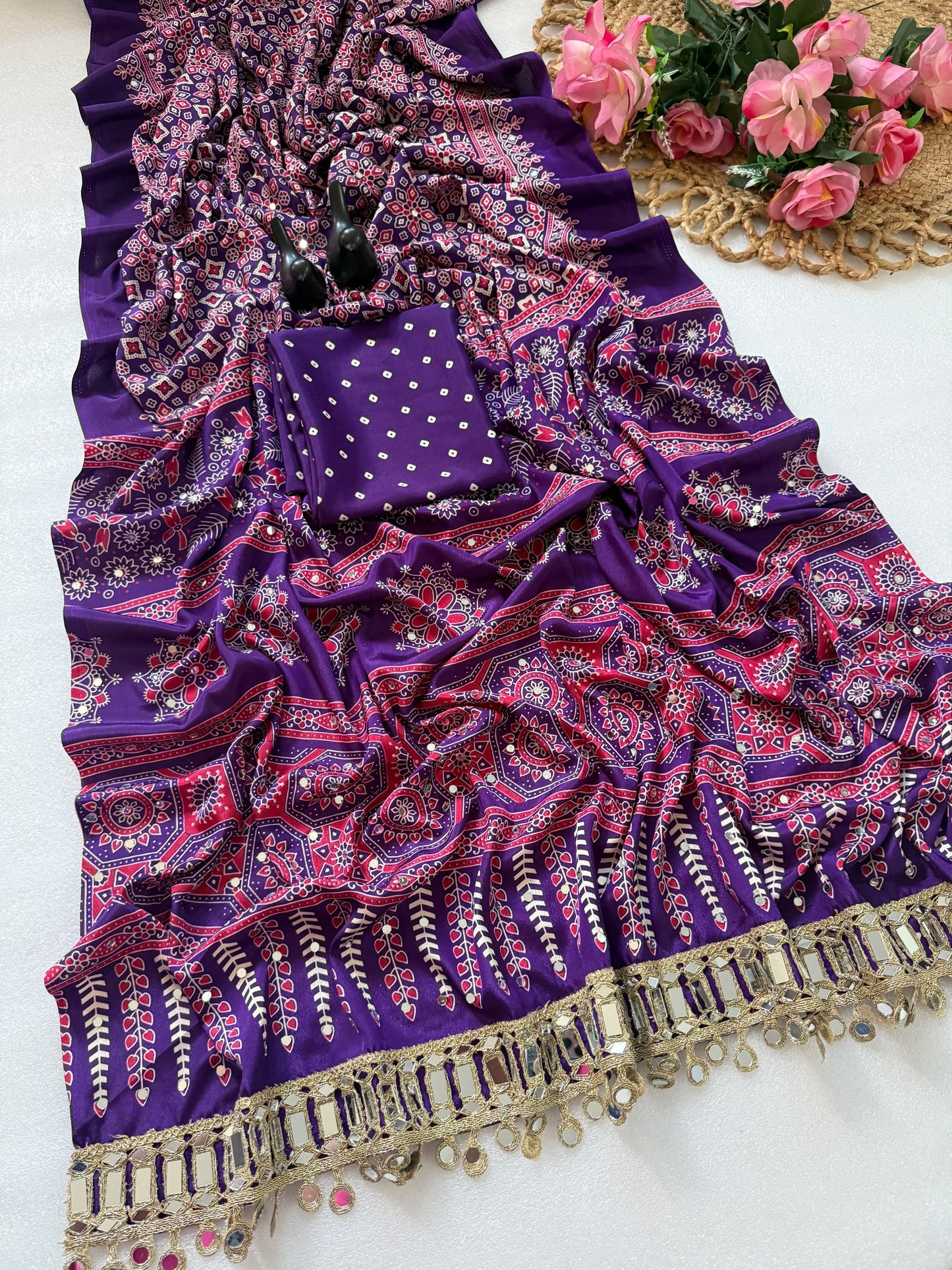 Pure Ajrakh Satin Silk Saree with Heavy Mirror Work