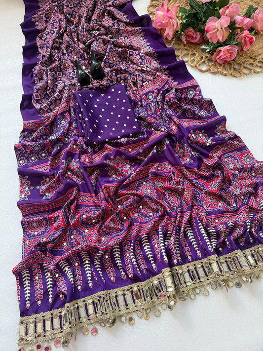 Pure Ajrakh Satin Silk Saree with Heavy Mirror Work