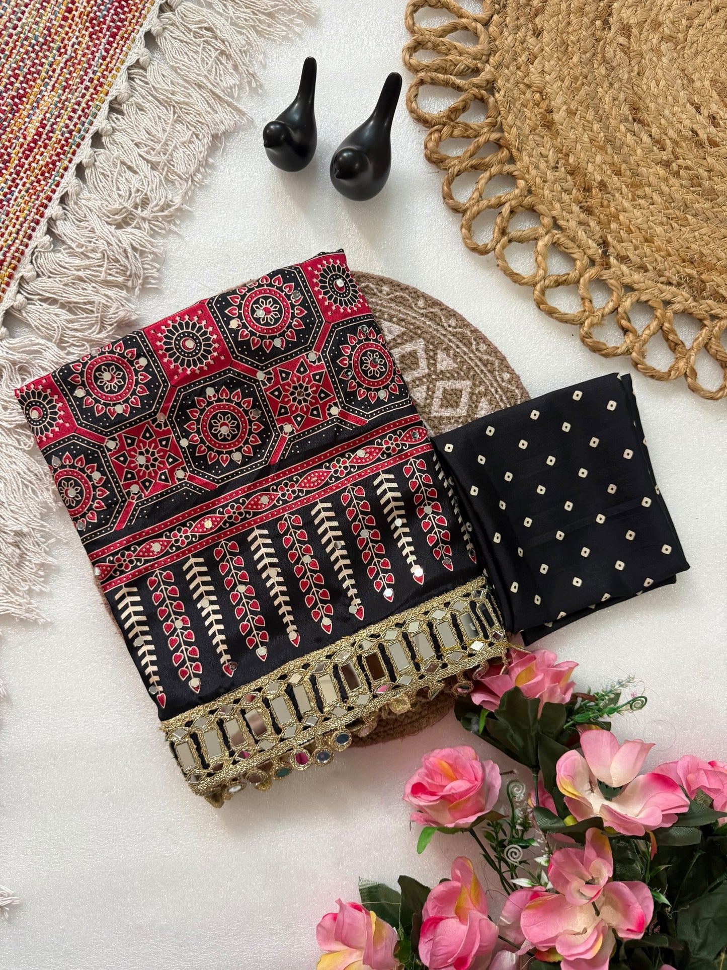 Pure Ajrakh Satin Silk Saree with Heavy Mirror Work