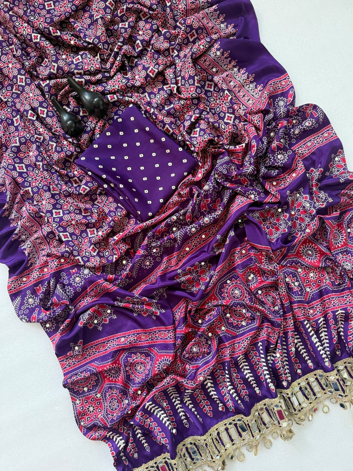 Pure Ajrakh Satin Silk Saree with Heavy Mirror Work