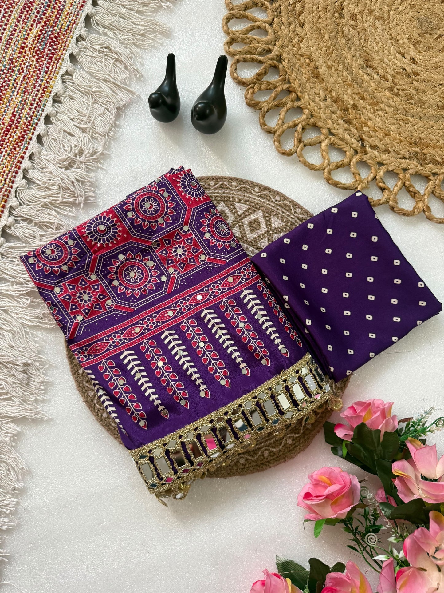 Pure Ajrakh Satin Silk Saree with Heavy Mirror Work