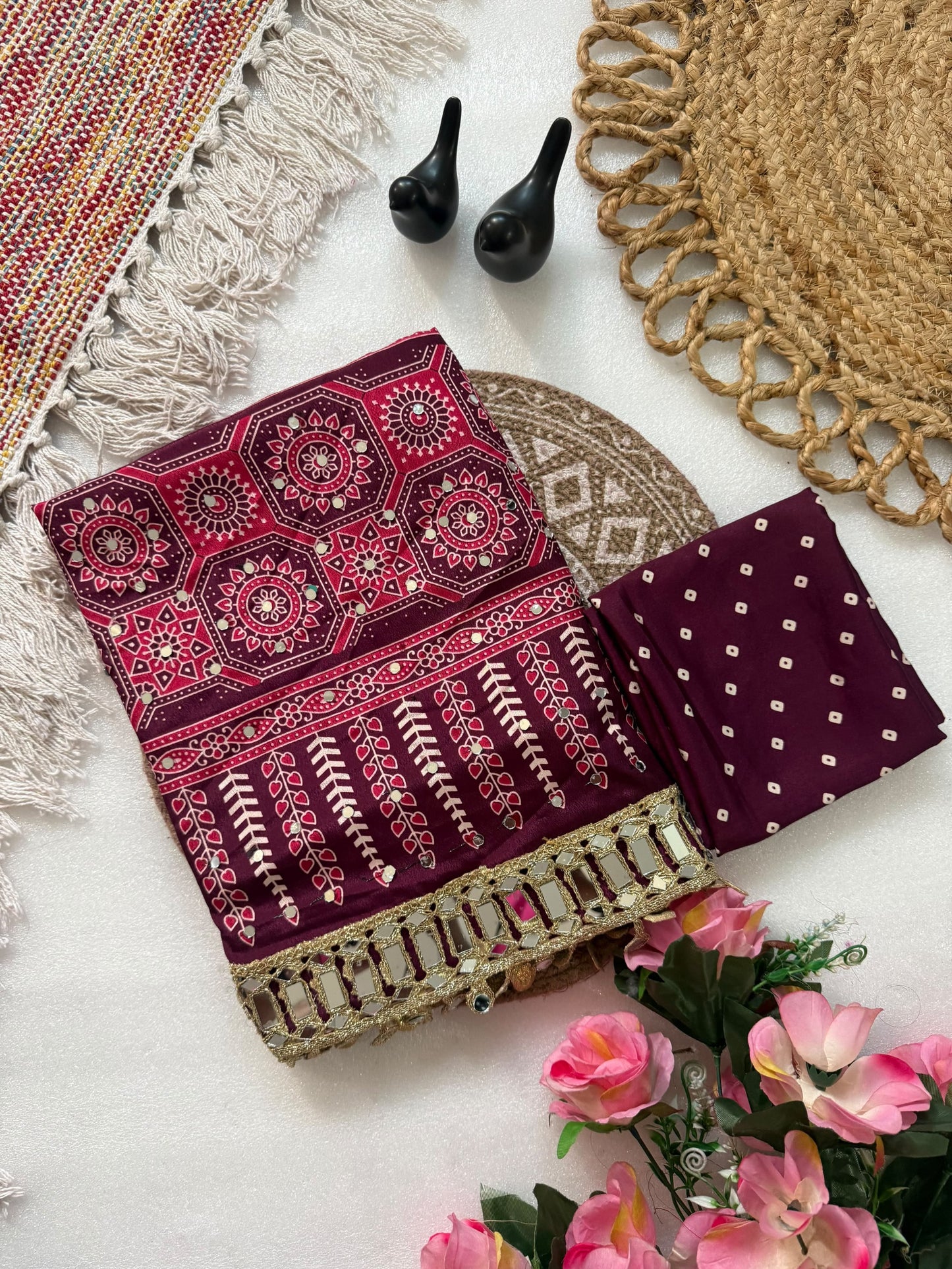 Pure Ajrakh Satin Silk Saree with Heavy Mirror Work