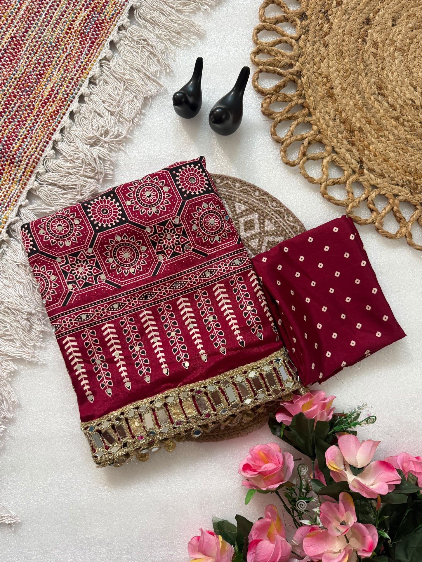 Pure Ajrakh Satin Silk Saree with Heavy Mirror Work