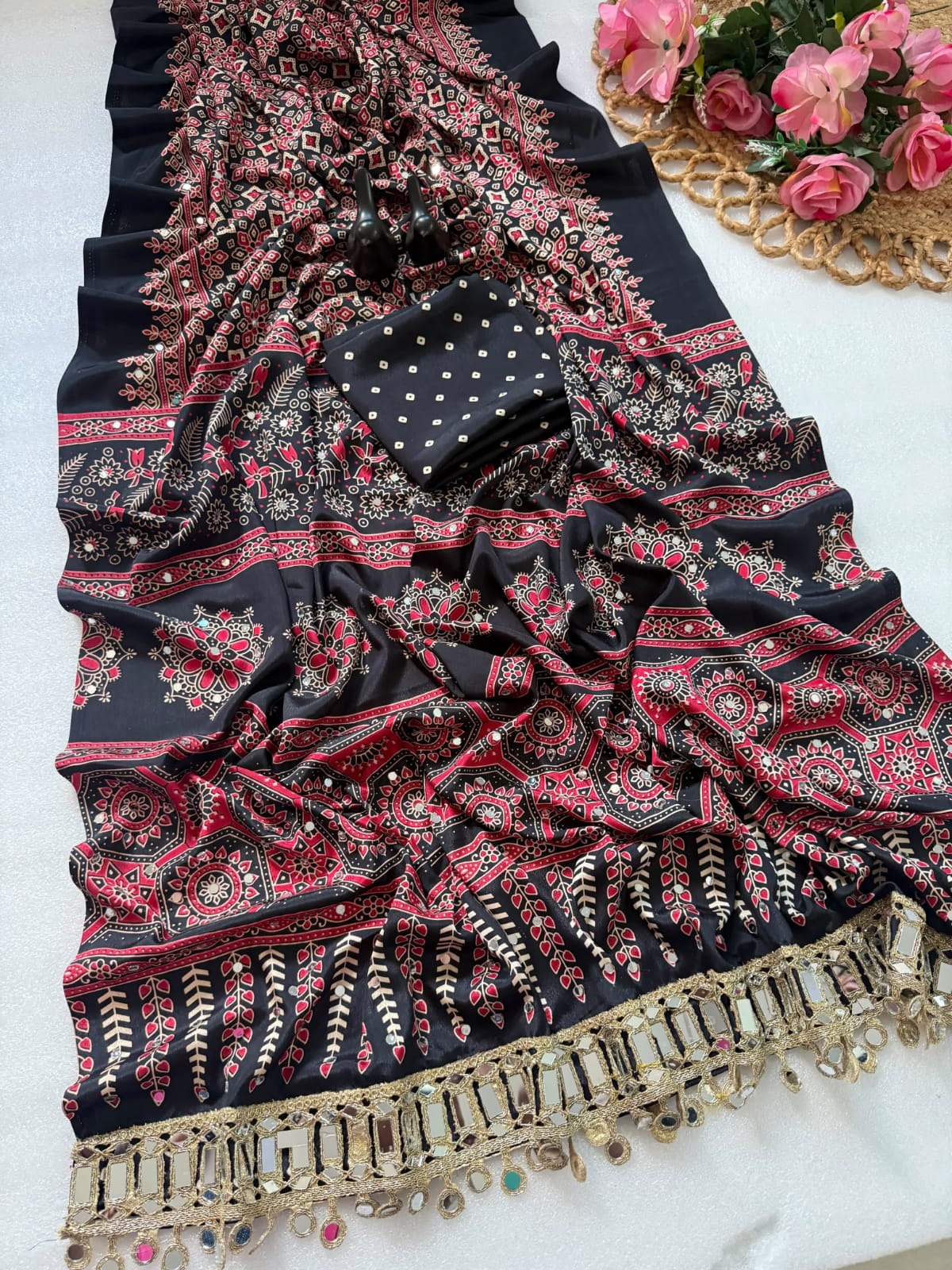 Pure Ajrakh Satin Silk Saree with Heavy Mirror Work
