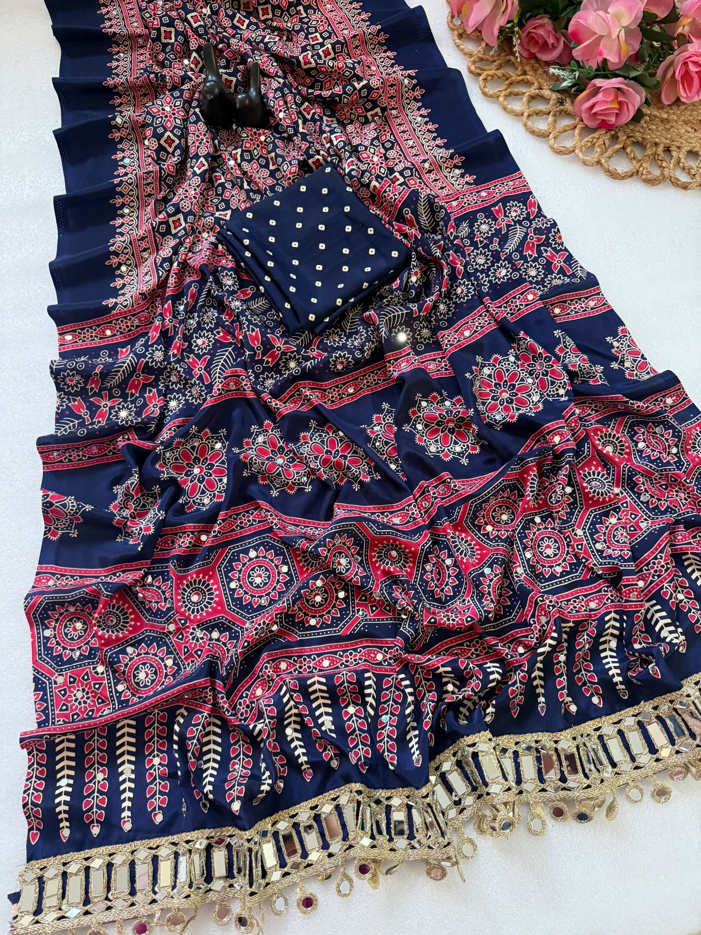 Pure Ajrakh Satin Silk Saree with Heavy Mirror Work
