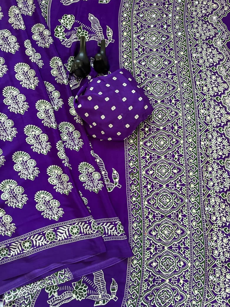 Pure Ajrakh Satin Silk Saree with Heavy Mirror Work