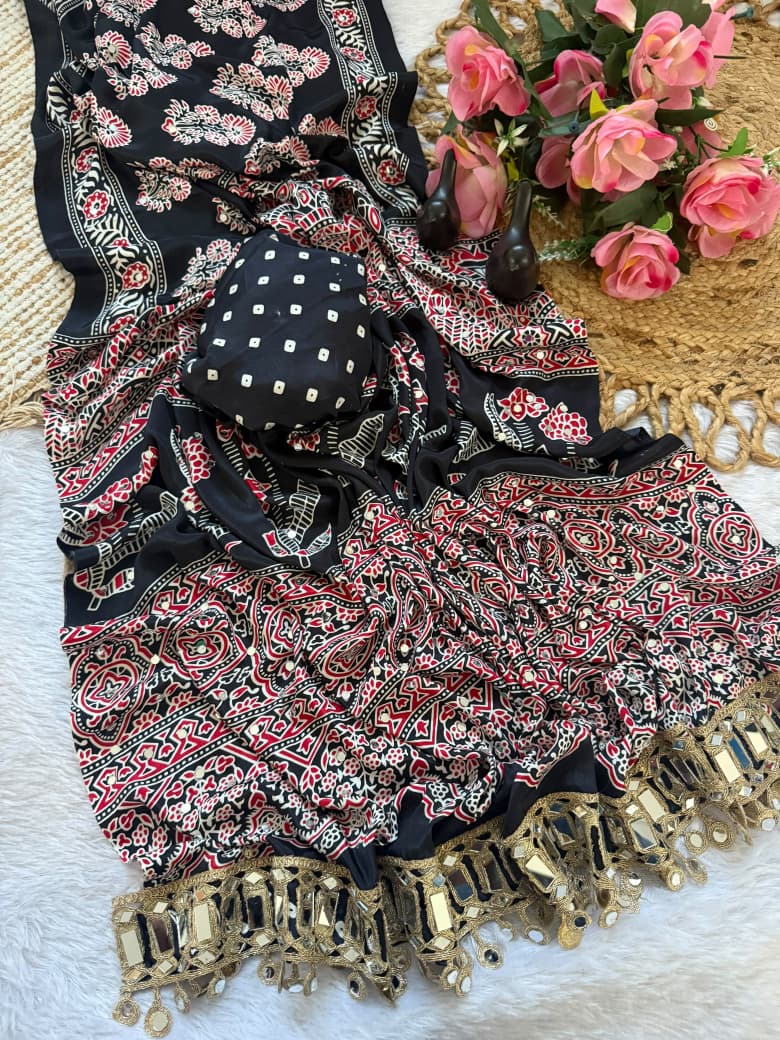 Pure Ajrakh Satin Silk Saree with Heavy Mirror Work
