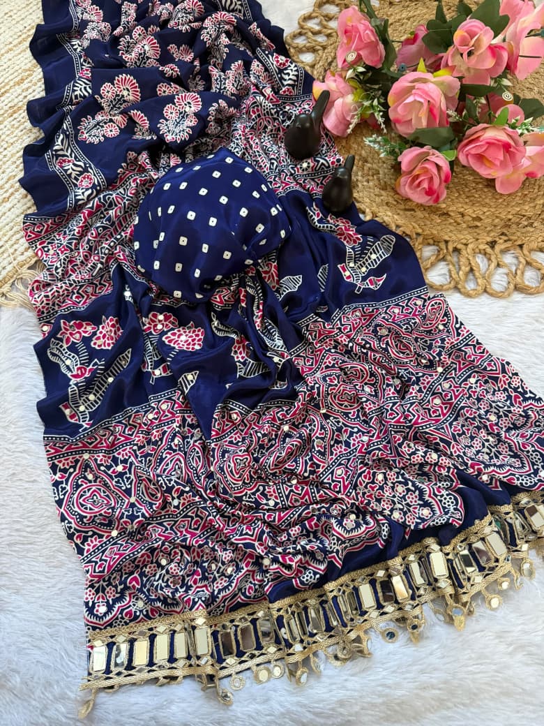 Pure Ajrakh Satin Silk Saree with Heavy Mirror Work