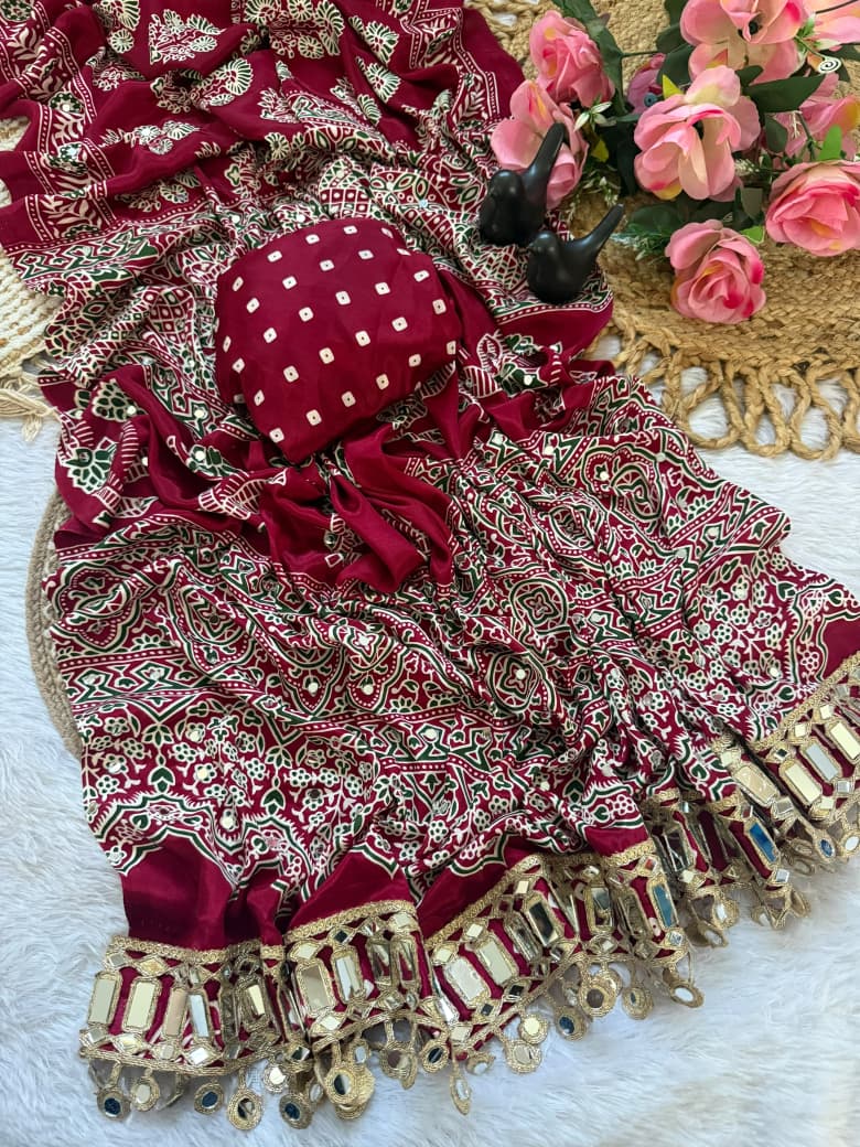 Pure Ajrakh Satin Silk Saree with Heavy Mirror Work
