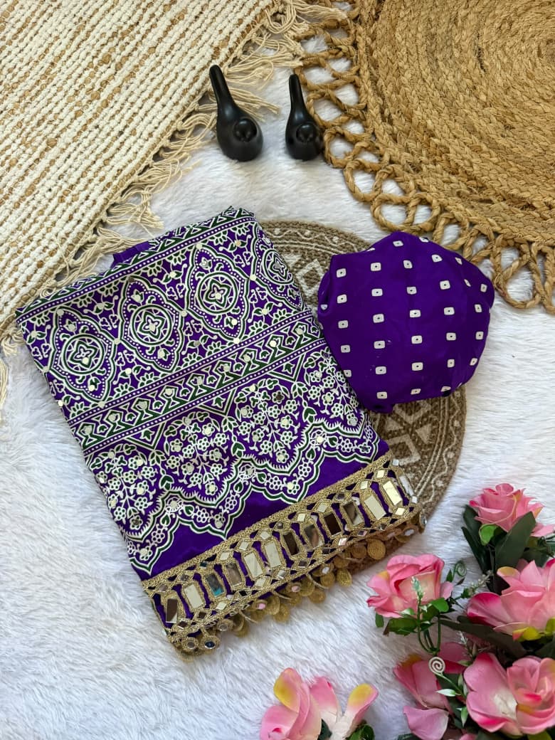 Pure Ajrakh Satin Silk Saree with Heavy Mirror Work
