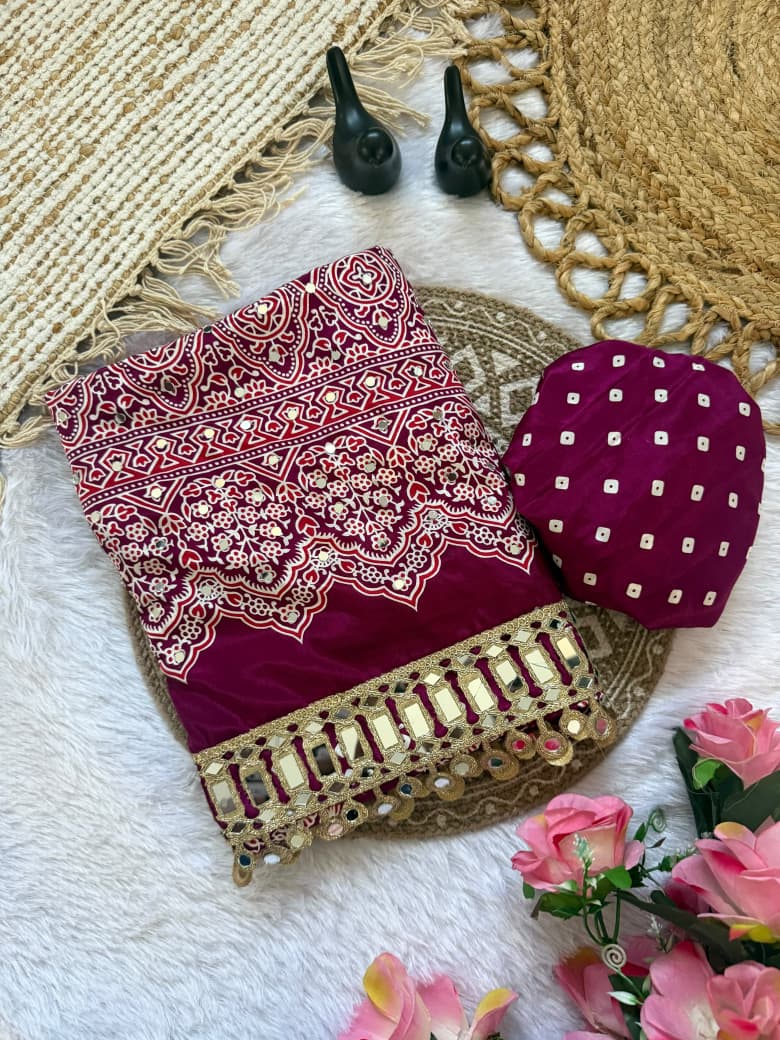 Pure Ajrakh Satin Silk Saree with Heavy Mirror Work