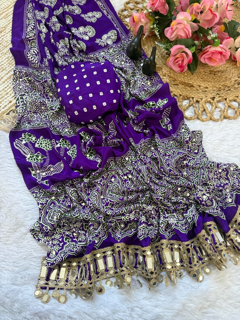 Pure Ajrakh Satin Silk Saree with Heavy Mirror Work