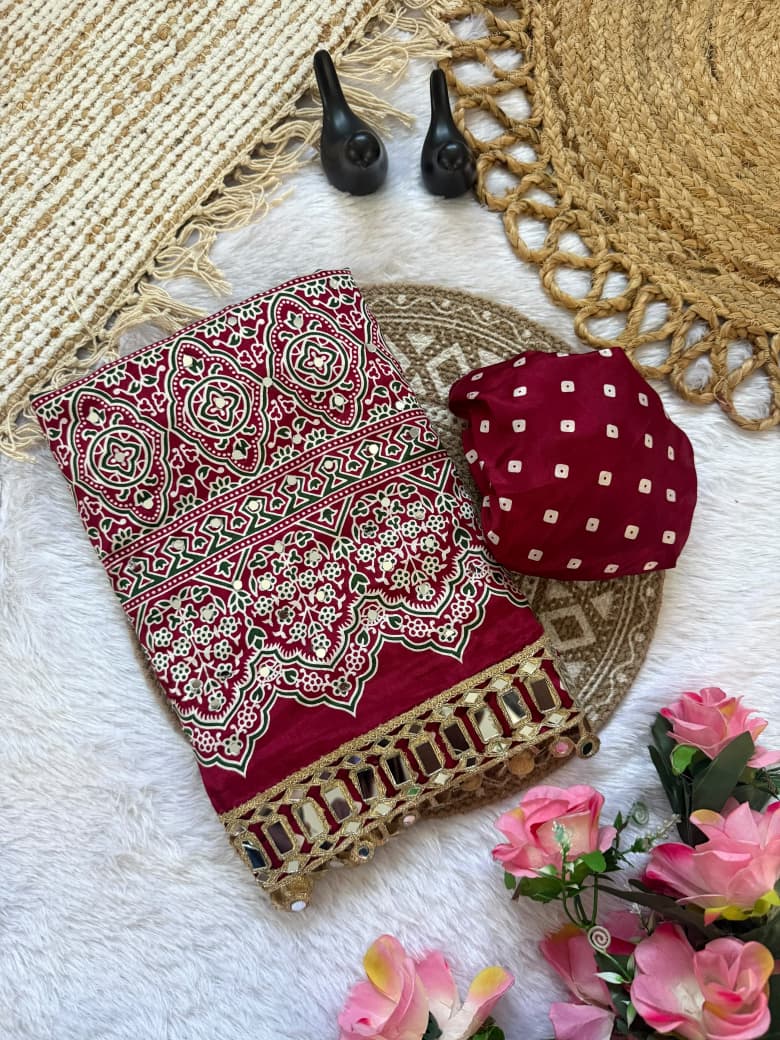 Pure Ajrakh Satin Silk Saree with Heavy Mirror Work